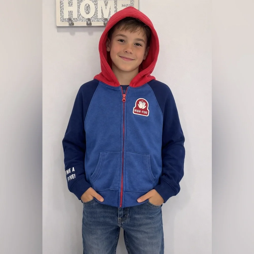 Wonder Nation Boys Zip Hoodie Blue Red High Five Graphic Size 8 Kids Hooded NWT